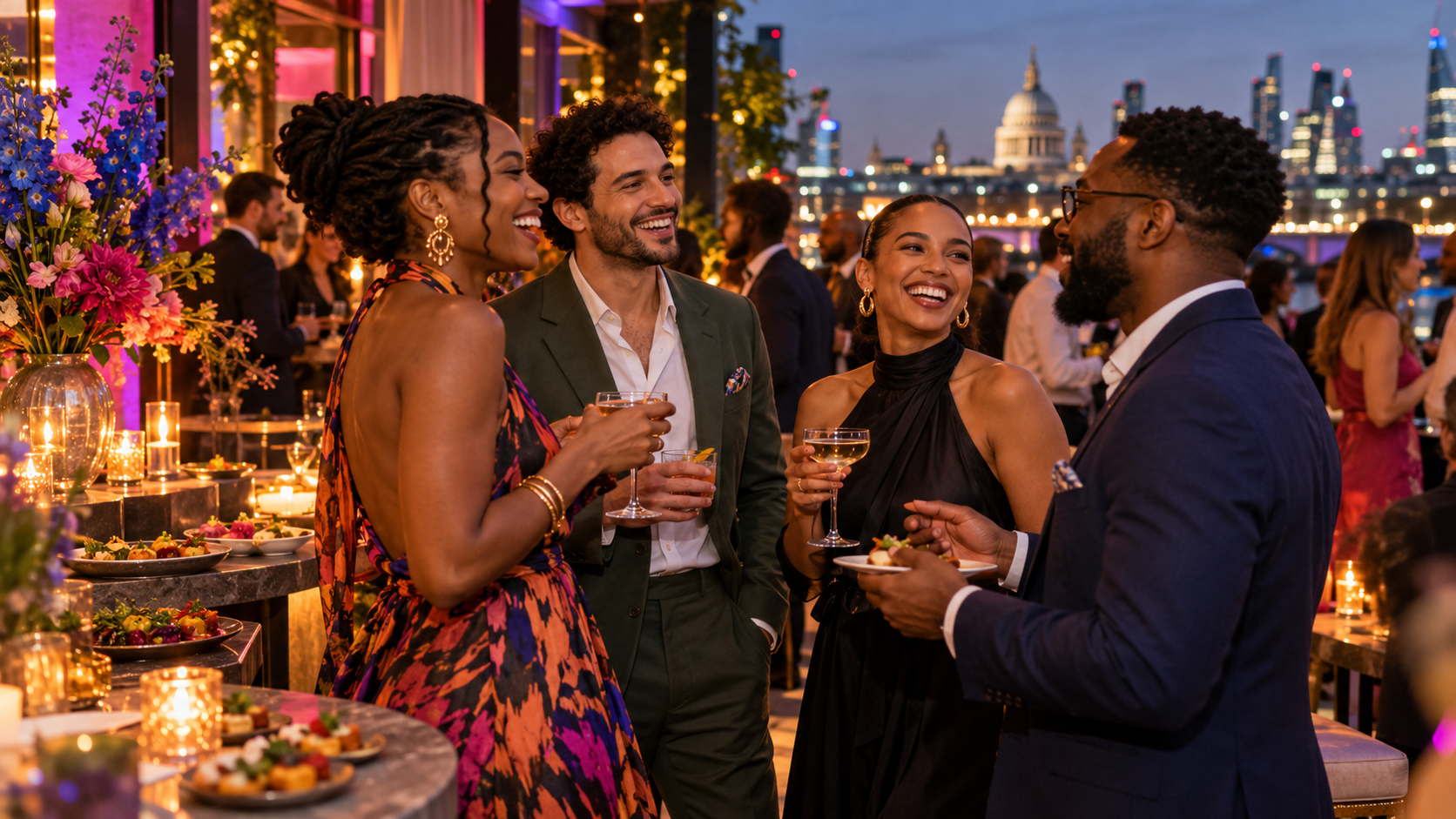 Illustrative multicultural social celebration with adult guests